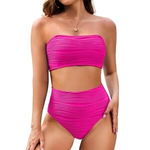 NWT Pink Queen High Waisted Bikini Set Rose Red Bandeau 2 Piece Swimsuit Small